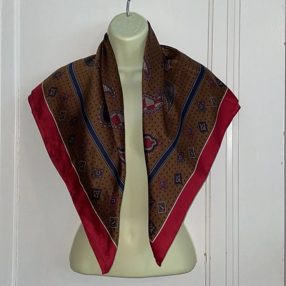 Vintage mid Century maroon, navy blue & tan paisley‎ large square scarf
